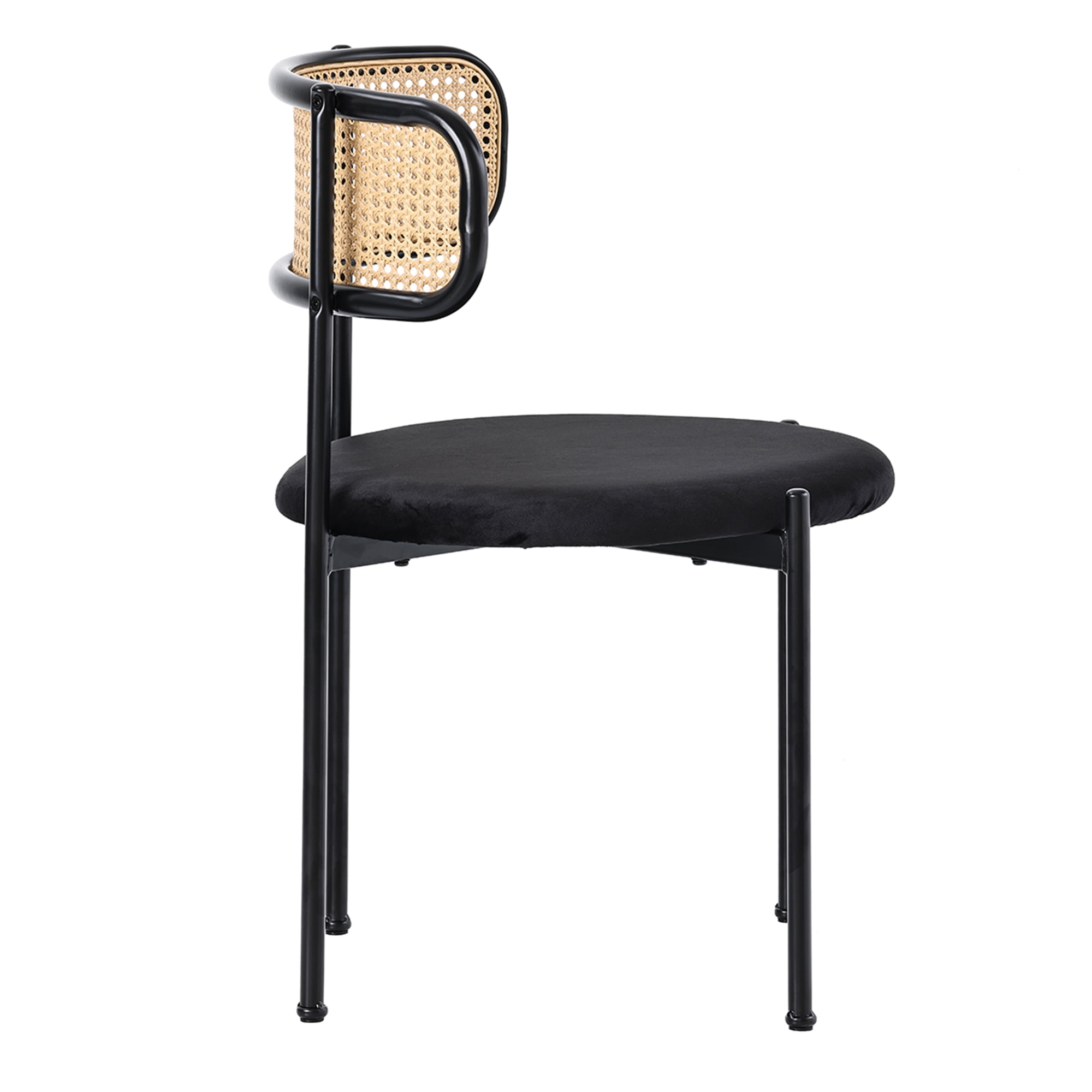Noble House Set of 4 Velvet Dining Chairs with PE Rattan Backrest, Sturdy Metal Legs,Black+Natural