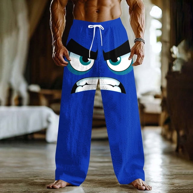 Ceisia Men's Loose Straight Leg Casual Pants Angry Cartoon Print Elastic Drawstring Waist Multi-Color Beach Vacation Pants Dark Blue L Gifts