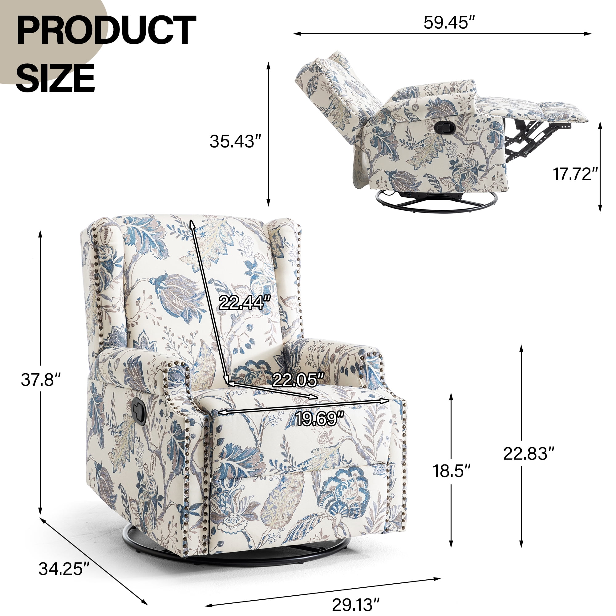 DREAMSIDEA Recliner Swivel Glider Rocker Nursery Chair for Adults, High Back Upholstered Rocking Armchair for Living Room, Manual Reclining Sofa Lounge Chair with Deep Seat in Fabric - Blue Plants
