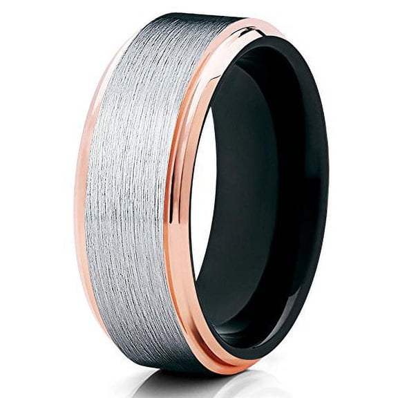 8mm Brushed Tungsten Carbide Wedding Band Rose Gold Stepped Edges Black Inlay Ring 13