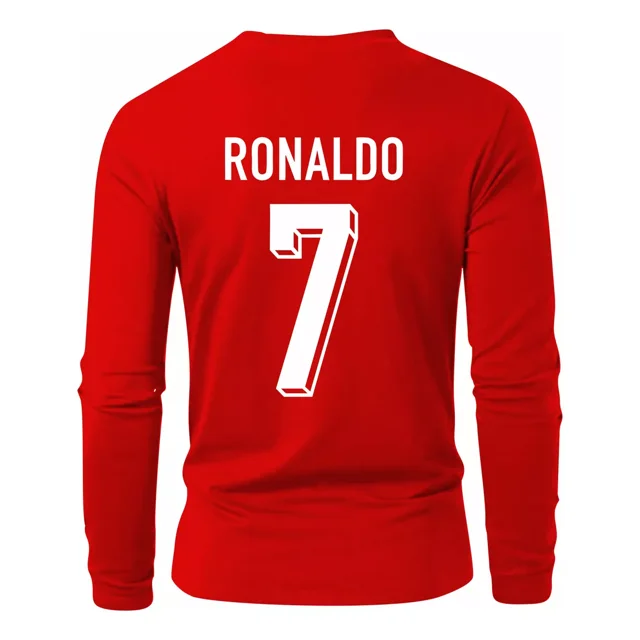mando a distancia universal compatible con todos los televisores inteligentes samsung tv 654d, con botones Camiseta roja de manga larga vista trasera con texto blanco 'RONALDO' en la parte superior y número grande '7' centrado; tela lisa y ajuste entallado sobre fondo blanco; a menudo usada como camiseta deportiva o de entrenamiento ligero.