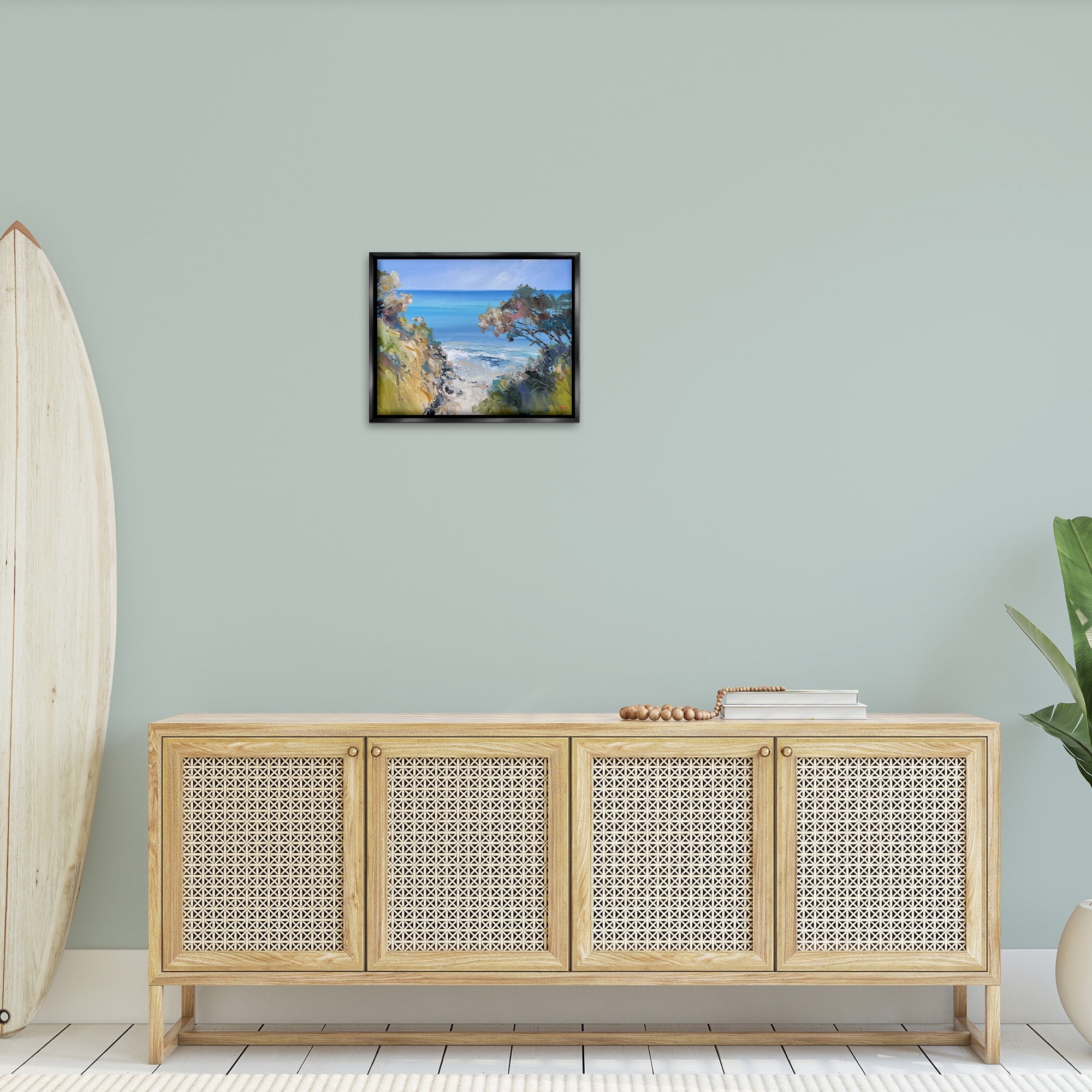 Stupell Industries Beach Cliffs Abstraction Landscape Painting Black Floater Framed Canvas Art Print Wall Art, 21 x 17