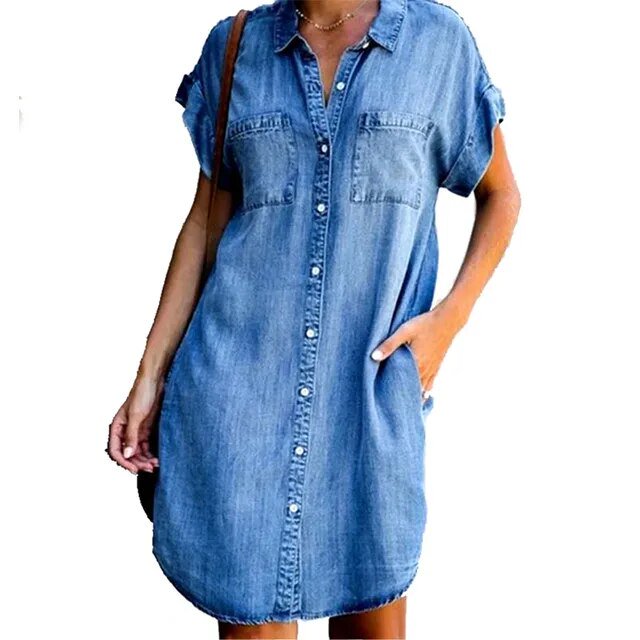 2023 Été Col à Revers Manches Courtes Robe en denim Ajustée Chemise Longue en denim Femme