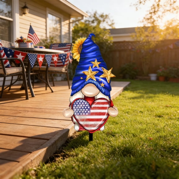 Cififendec 4th of July Gnome Garden Stakes, Patriotic Red White Blue Yard Decor Handmade Art for Independence Day Garden Decor