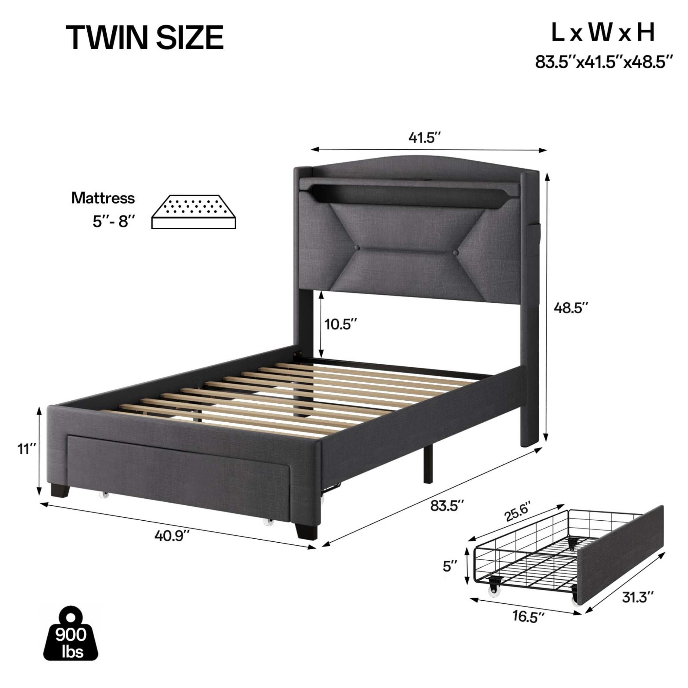 BSHTI Dark Gray Linen Twin Bed Headboard with LED Lights & USB Charging Station – Multi-Storage Upholstered Headboard with Open Shelves & Hidden Compartment – Easy Installation