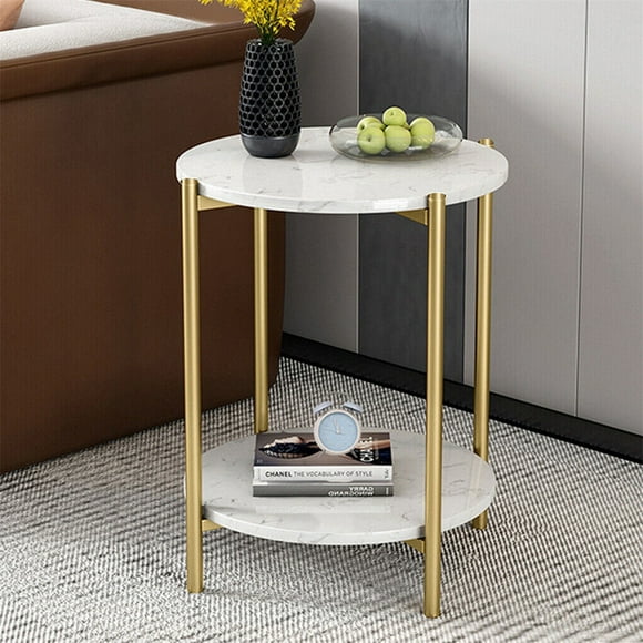 Wisfor 2-tier Real Marble Sofa Side Coffee Table Round Nesting Table Gold Frame