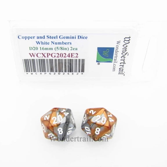 Copper and Steel Gemini Dice with White Numbers D20 Aprox 16mm (5/8in) Pack of 2