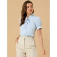 thumbnail image 3 of INSPIRE CHIC Women's Tie Neck Short Sleeve Shirt Puff Sleeve Button Front Lace Inset Stand Collar Blouse, 3 of 6