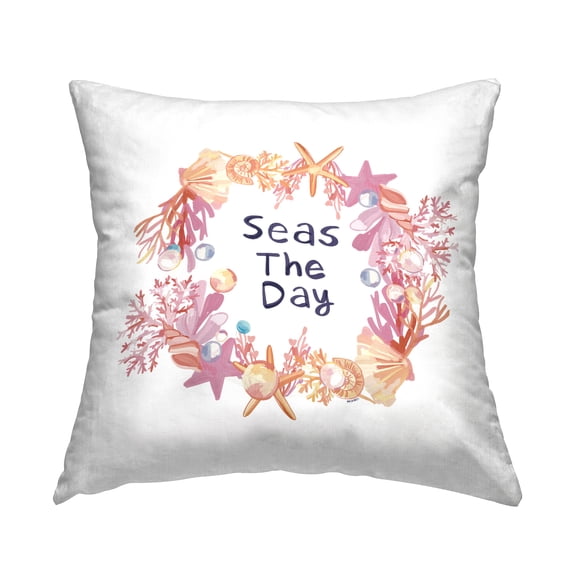 Stupell Industries Seas The Day Seashell Ocean Botanical Wreath Design by Amelia Noyes Throw Pillow