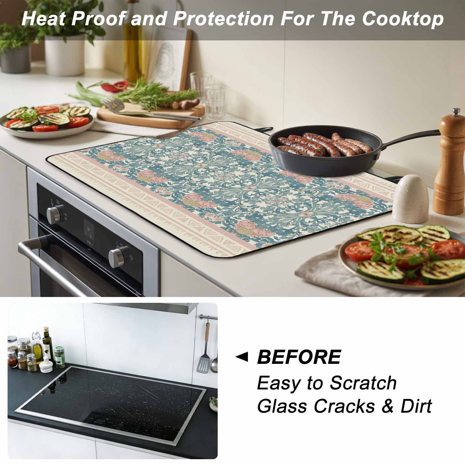 Teal Pink Geometric Stove Top Cover for Electric Stove, Heat-proof & Non Slip Glass Top Stove Cover Protector, Vintage Floral Watercolor Boho Kitchen Flat Cooktop Rubber Mat 24x21 Inches
