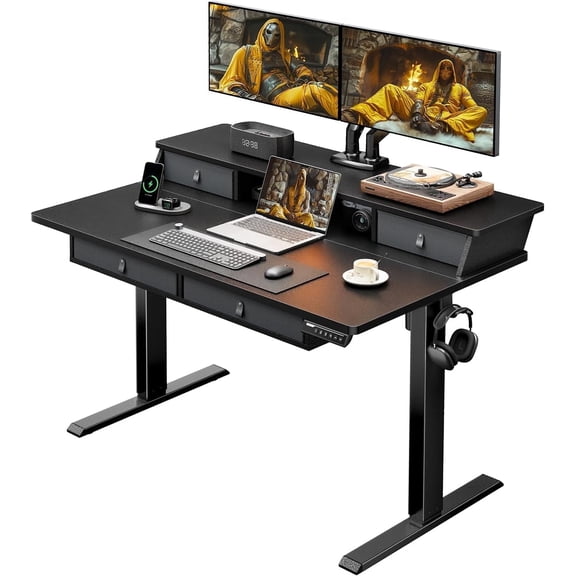 CHITOOMA 48″ x 30″ Standing Desk with Drawers, Electric Height Adjustable Sit Stand Desk with Storage Shelf, 4 Memory Preset Computer Desk with Cable Management Tray for Home Office, Black