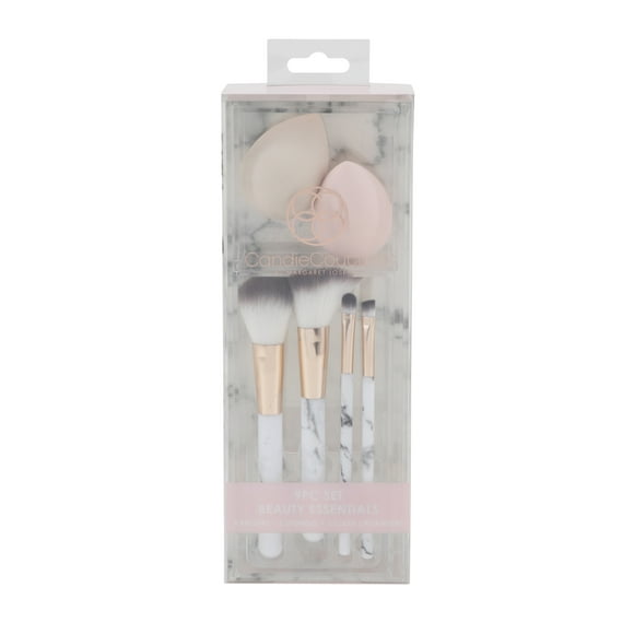 Candie Couture 9 Pc Set - 4 White Brushes, 2 Pink Sponges, 3 Piece Clear Plastic Organizer Set