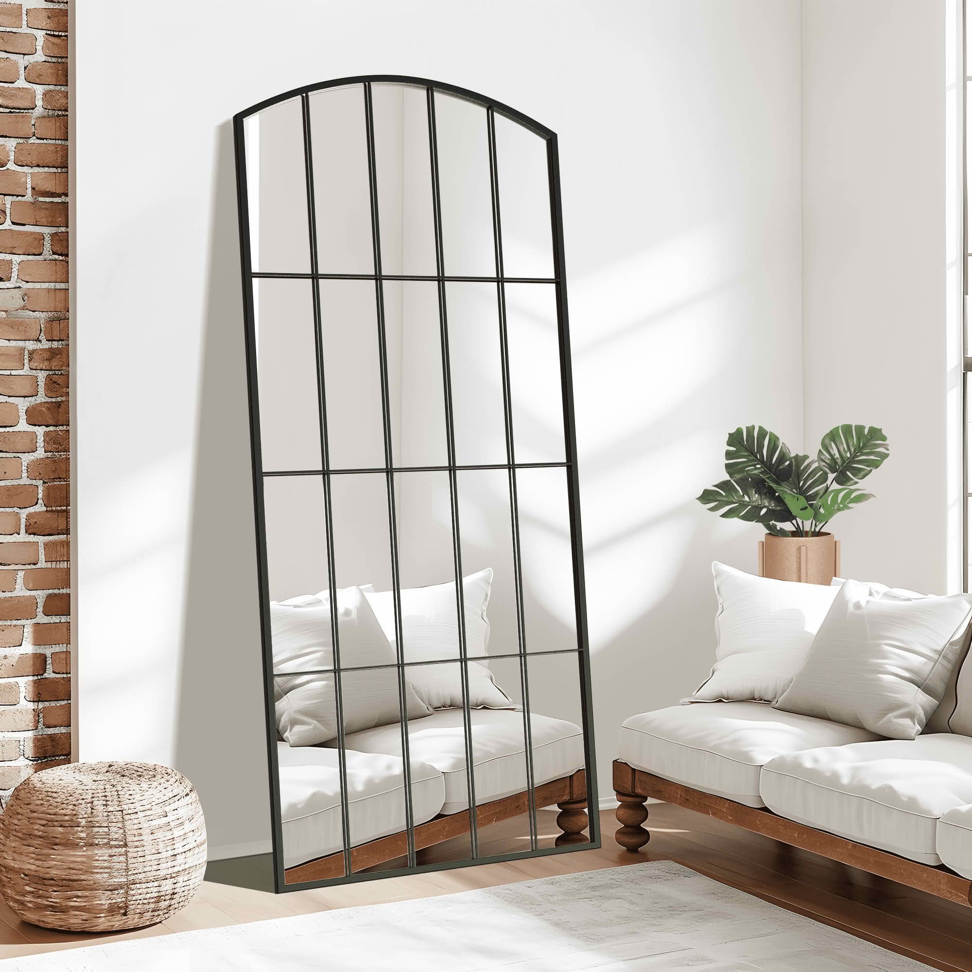 MAYEERTY 67x28x1 Inch Black Metal Grid Right Angle Slightly Arched Full Length Mirror, No Stand for Bedroom