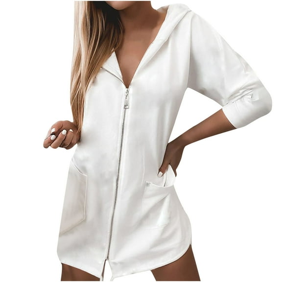 Women's Mid-length Zip Up Jacket Lighweight Hoodie Solid Zipper Long Sleeve Coat Hooded Sweatshirt Dress