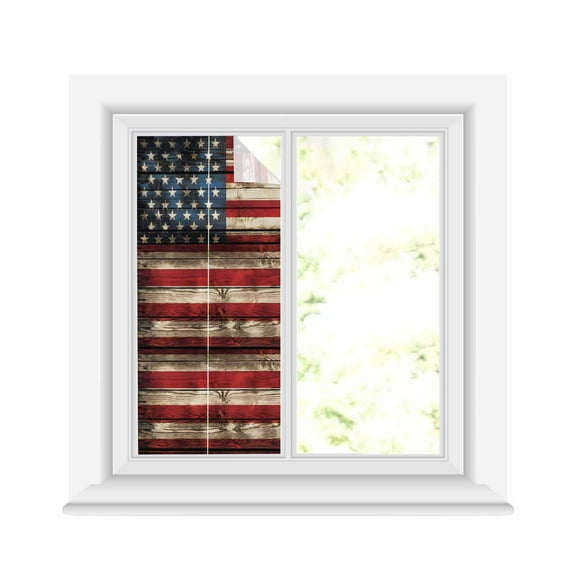 Window Privacy Film American Flag Stained Glass Window Film Decorative Sun Block Window Cover Stars And Stripes Vintage Wooden US Flag Window Clings Static Adhesive Sticker for Bathroom 19.6"x39.3"