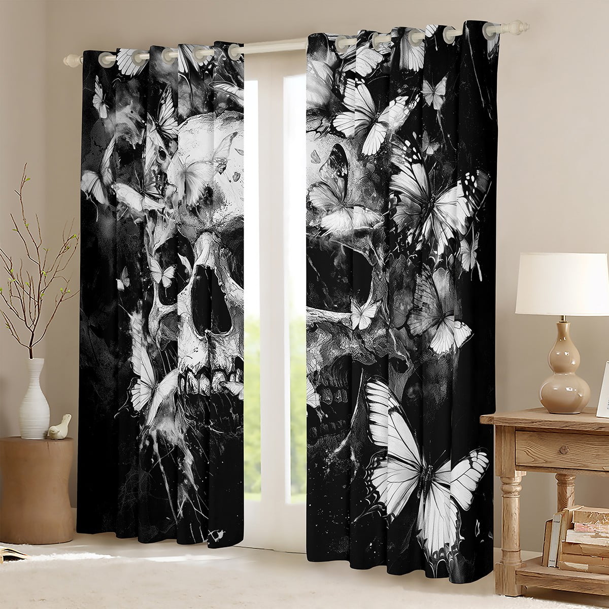 Manfei Gothic Skull Blackout Curtains Set of 2 (52x84 Each),Halloween Skeleton Window Curtains,Gray Butterflies Butterfly Curtains and Drapes For Princess,Super Cozy Room Decor