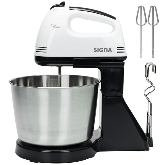 Batidora De Pedestal Y Mano 2 En 1 Mezclador 7 Velocidades Tazón 2.5 Lt. Acero inoxidable Incluye 2 Batidores 2 Ganchos
