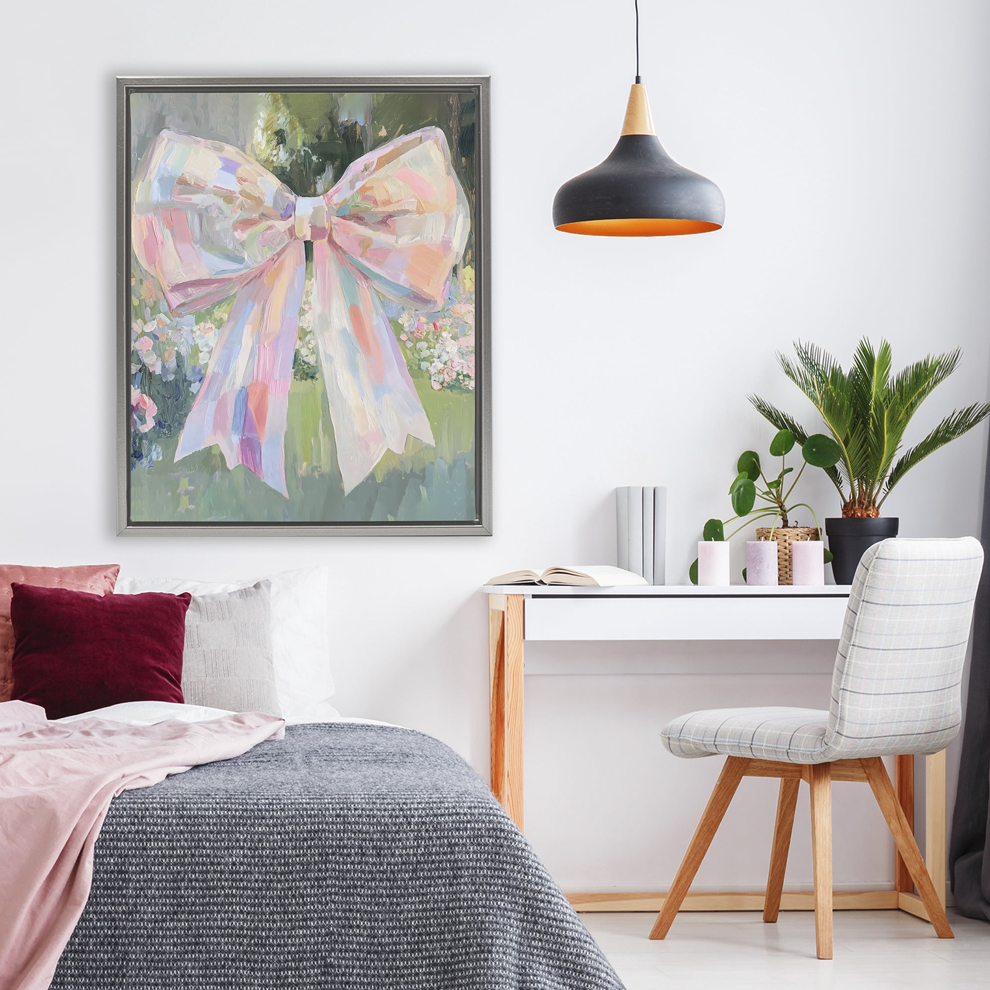 Stupell Industries Iridescent Pink Bow in Garden Gray Framed Floater Canvas Wall Art, design by The Prints Vibe