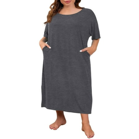

Langwyqu Solid Color Women Plus Size Loose Sleeping Dress With Pocket