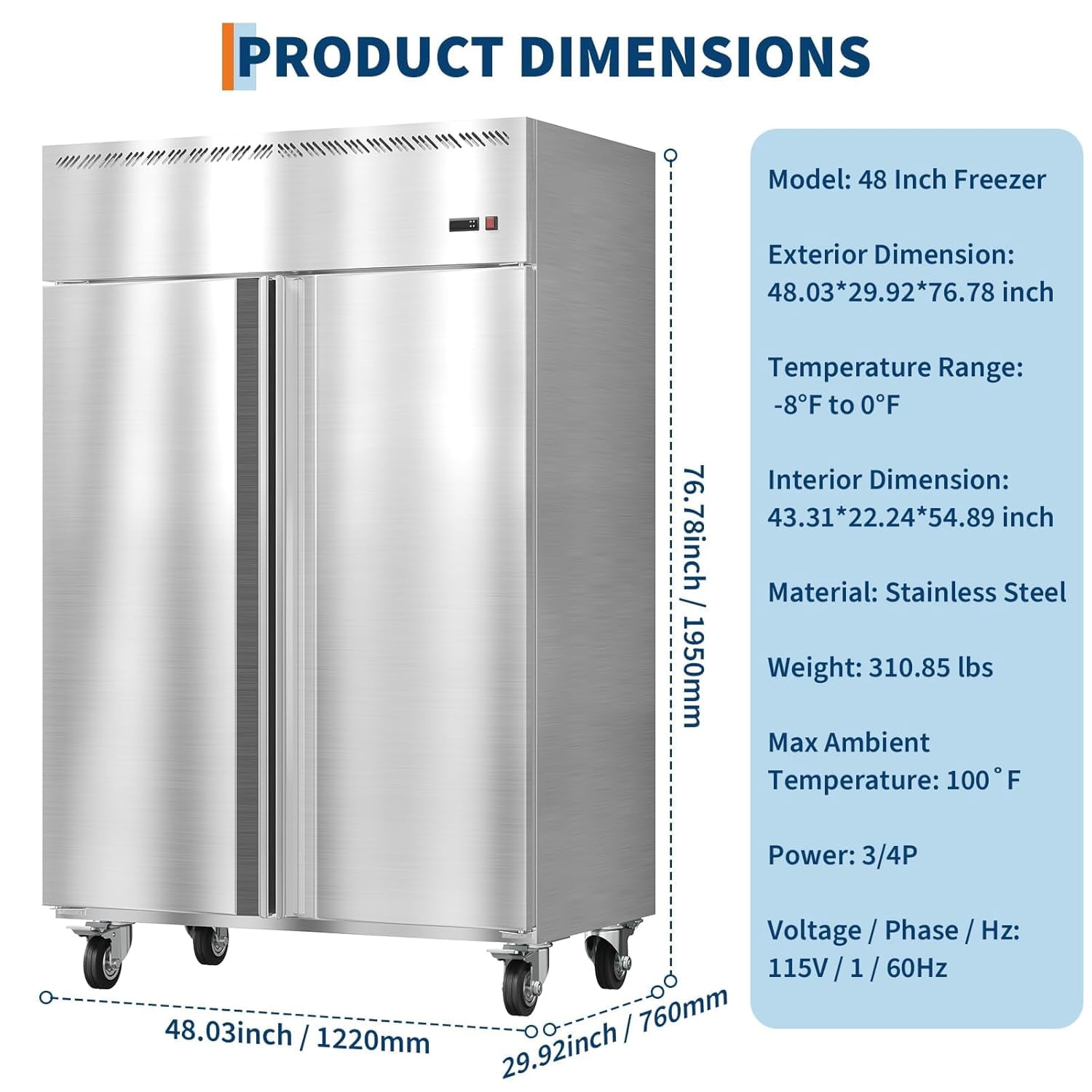 48-Inch Commercial Upright Freezer, 36 Cu. Ft. Stainless Steel Reach-In Deep Freezer with 2 Solid Doors, Digital Temp Control (-8°F to 0°F), Auto Defrost & 6 Shelves for Restaurant, Cafe & Kitchen