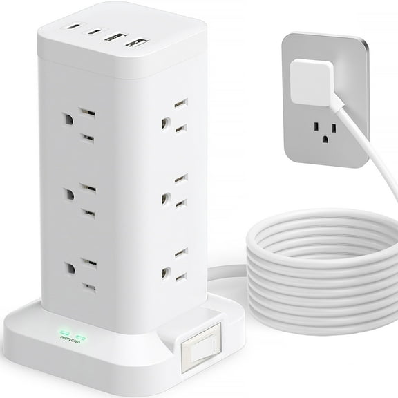 Aioneus Power Strip Tower Surge Protector with 12 Outlets & 4 USB Ports, 6ft Cord, White