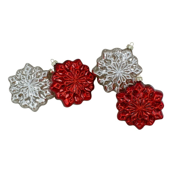 Northlight Glass Snowflake Christmas Ornaments - 3.75-Inch (100mm) - Red and Silver - 4ct