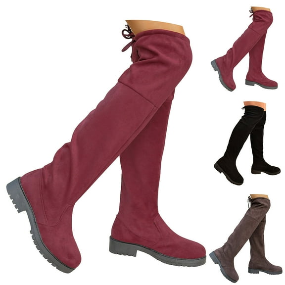 Pandaie Women's Suede Over The Knee Thigh High Boots Platform Stretch Riding Long Boot Chunky Heel Round Toe Winter Walking Dress Shoes Black 6