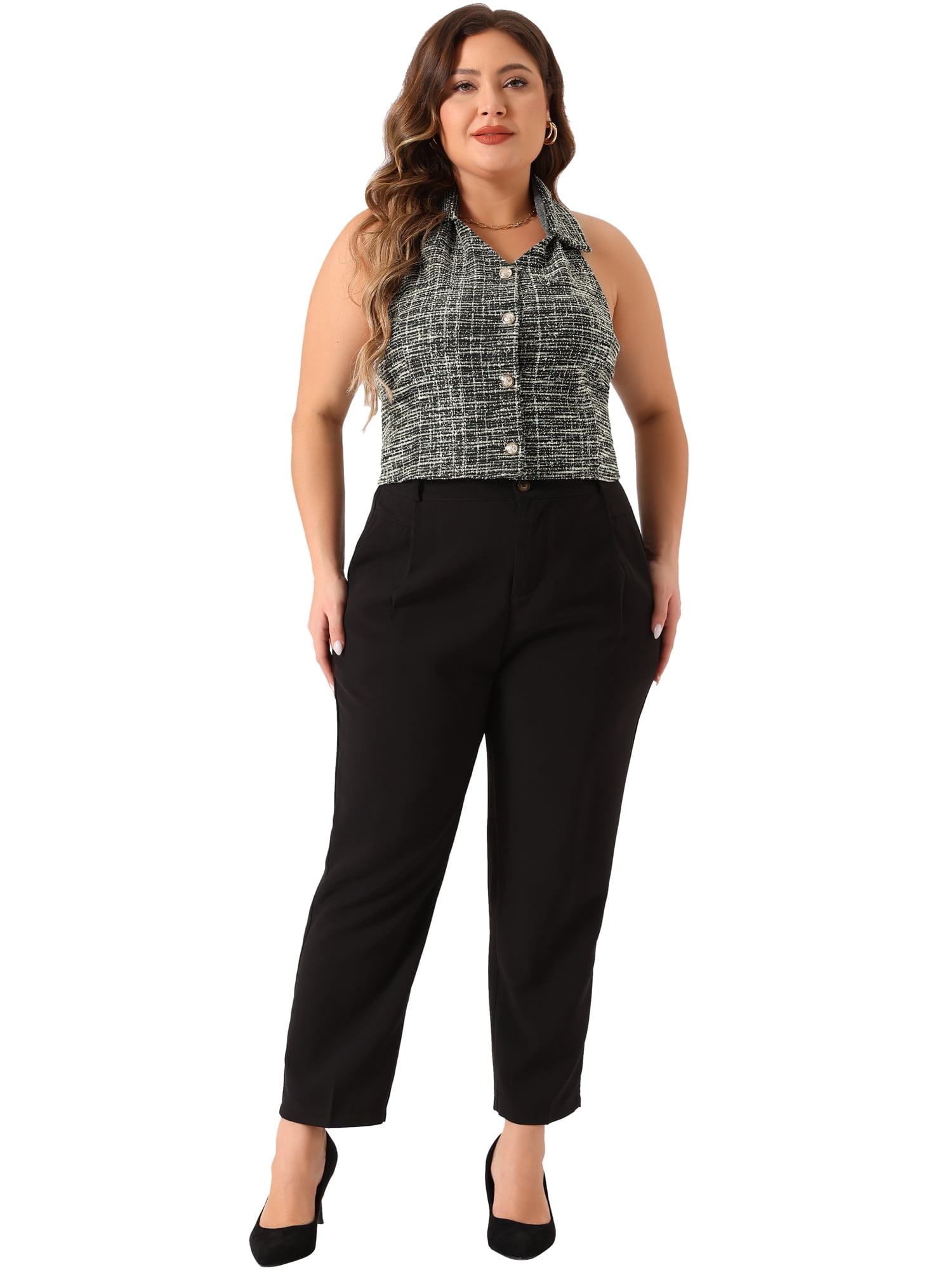 DARING DIVA Women's Plus Size Tweed Halter Neck Single Breasted Vest 4X Black