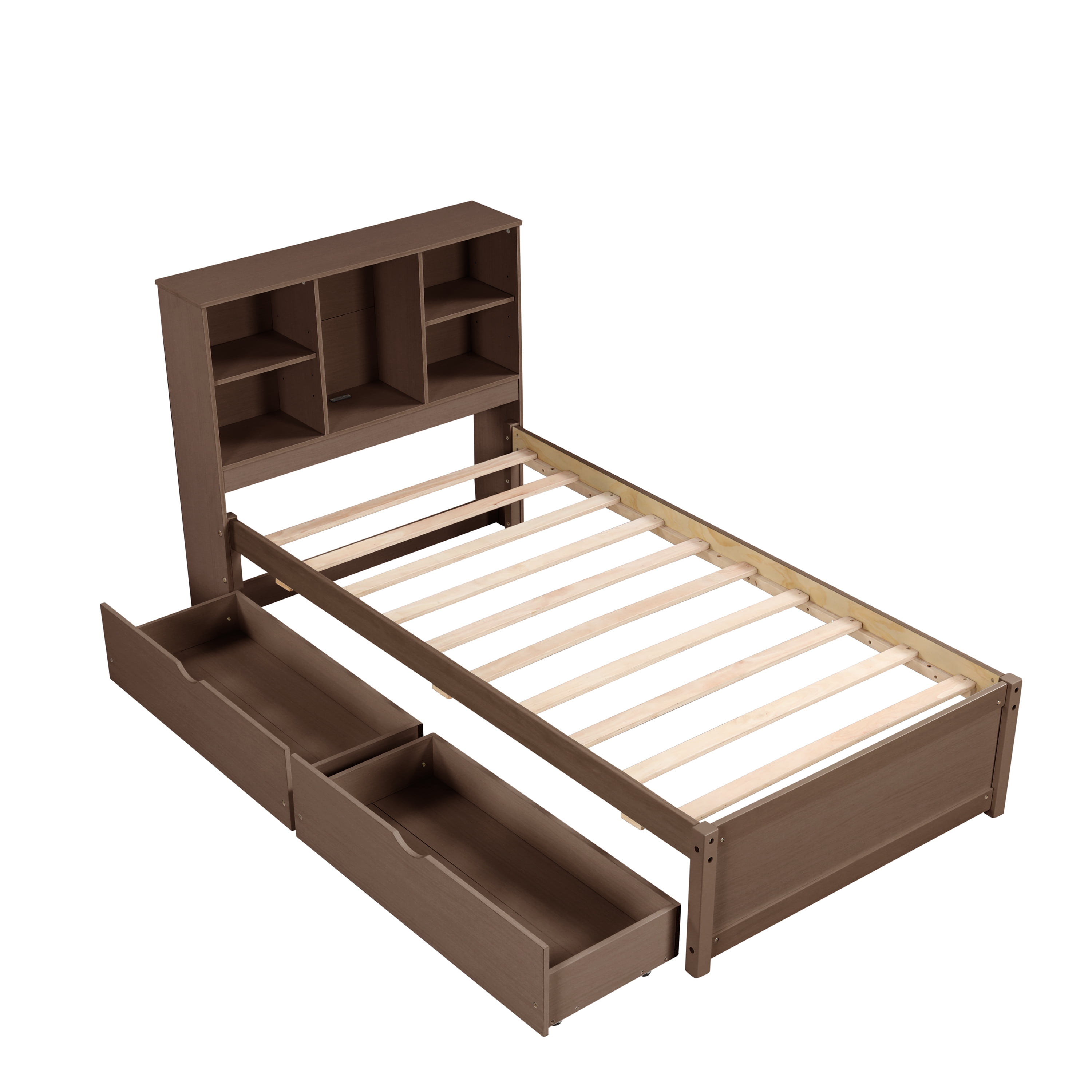 Miniyam Twin Size Bed with Built-in USB Port, Bookcase, Drawers for Kids and Teens, Walnut