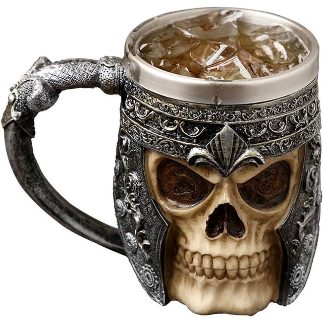 ZHAOCHENG Taza gótica con calavera 3D – Taza de acero inoxidable Seleton para bebidas, café, cerveza, zumo de sangre, taza para beber con armadura de calavera de guerrero vikingo medieval, decoración