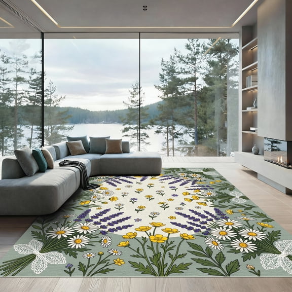 ODIKA 4'x6' Machine Washable Non-Slip Area Rug, Cottagecore Sage Green High Traffic Rug, Green, 1170556