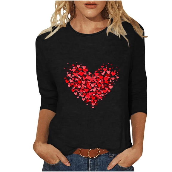 Htigea Valentines 3/4 Sleeve T-Shirts for Women Heart Graphic Pullover Tops Loose Crewneck Shirts Women's Valentine's Day Tunic Tees Black,S