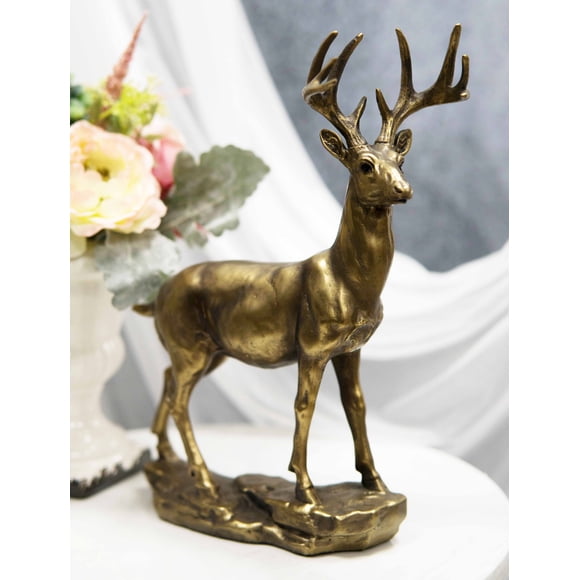 Realistic 10 Point Antlers Trophy Buck Stag Deer Rustic Statue In Gold Patina