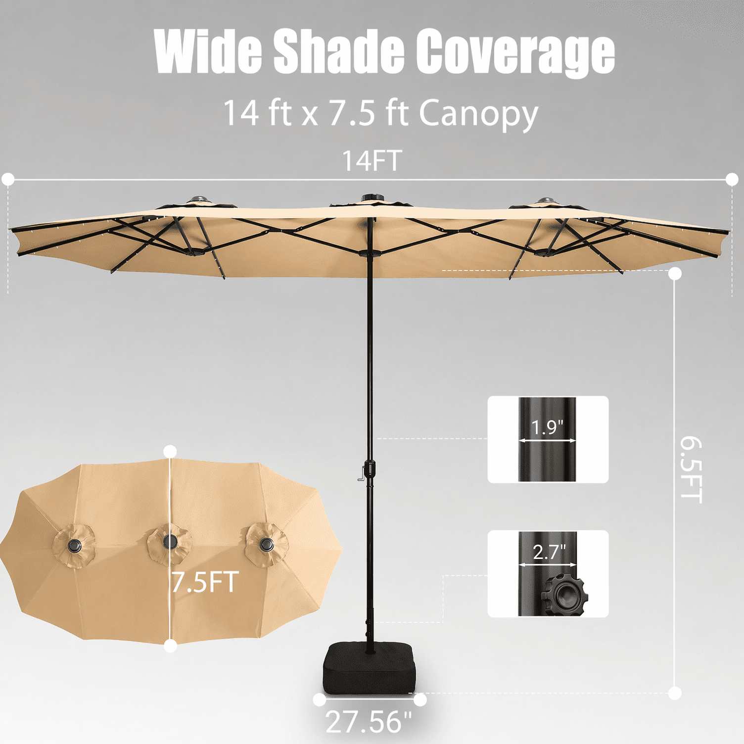15FT Double-Sided Patio Umbrella with Base, Rectangular Outdoor Umbrella for Backyard, Deck & Poolside, Khaki