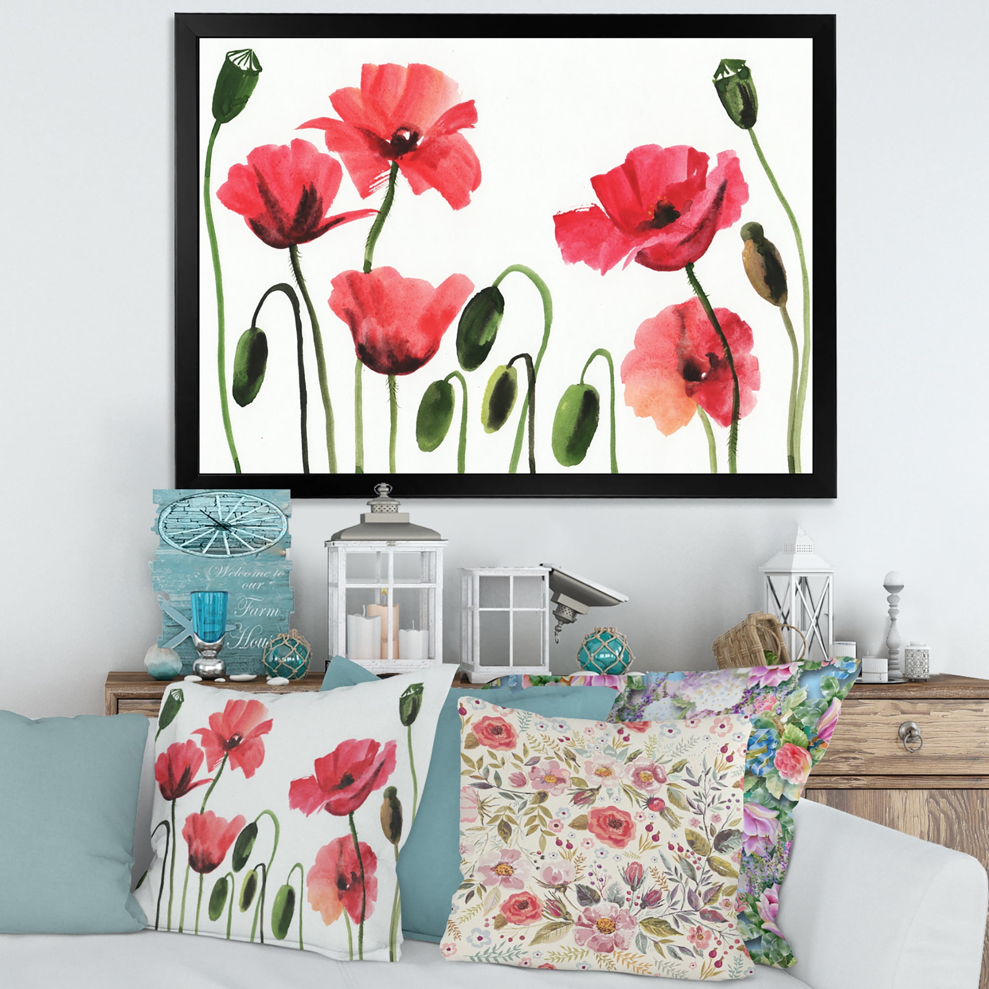 Designart 'Ancient Red Blooming Poppies' Traditional Framed Art Print