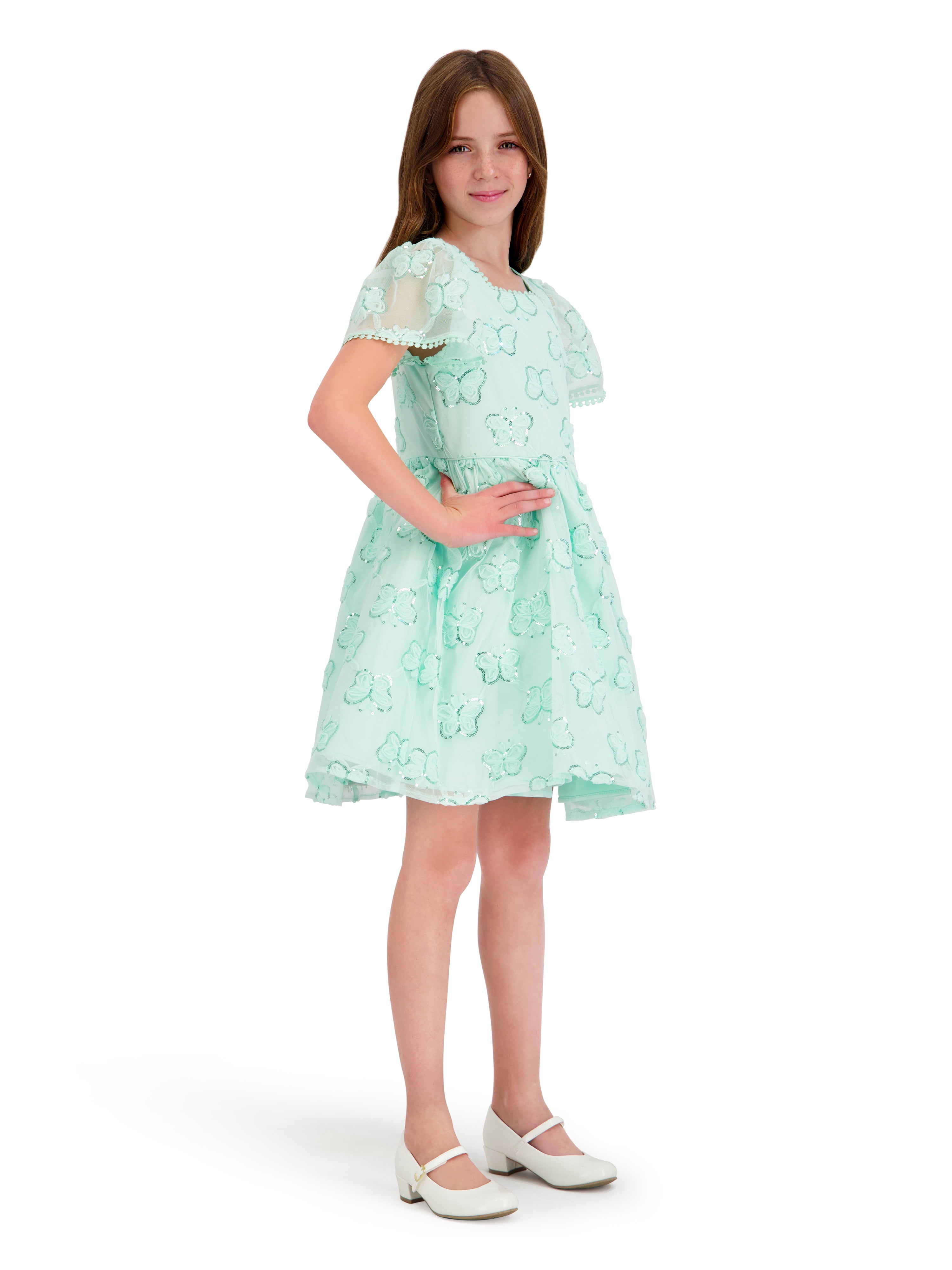 Kensie Girl Cap Sleeve Sequin Butterfly Soutache Mesh Dress, Sizes 4-16