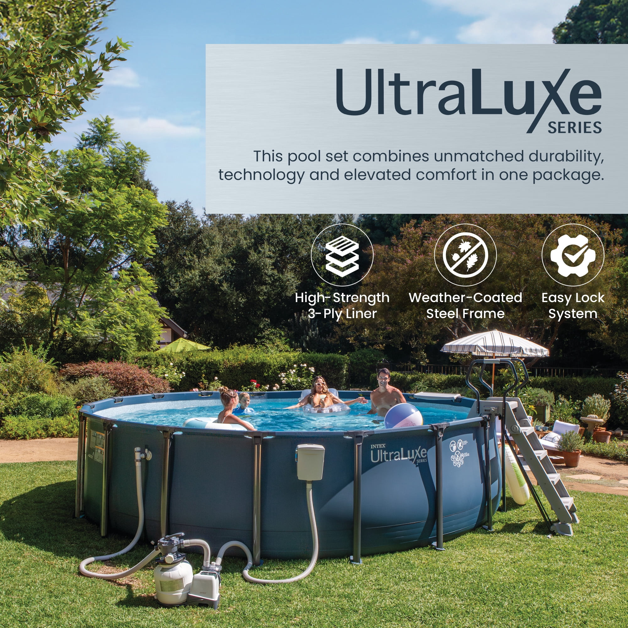 INTEX UltraLuxe 24ft x 52in Round Above Ground Pool Set, Sand Pump, & Saltwater System