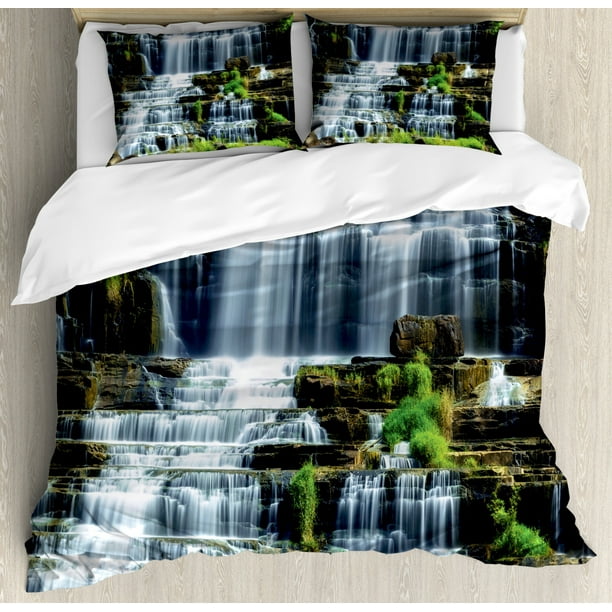 Rainforest Duvet Cover Set, Waterfall in the Middle of Tropical Jungle ...