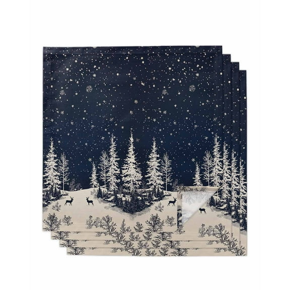 Navy Blue Christmas Cloth Napkins Set of 4, Forest Reindeer Winter Snowflake Washable Reusable Dinner Cocktail Napkin for Kitchen Party Wedding Banquet Holiday Baby Shower Table Decor