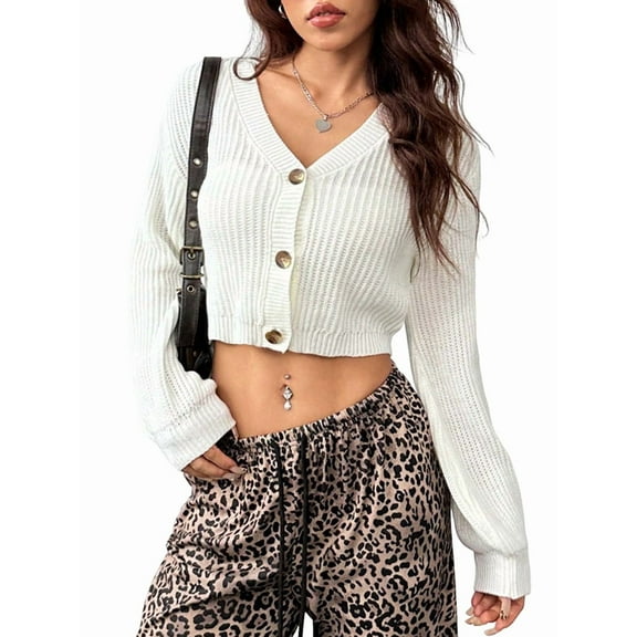 Women'S Long Sleeve Button Front V Neck Soft Knit Cardigan Sweaters White M