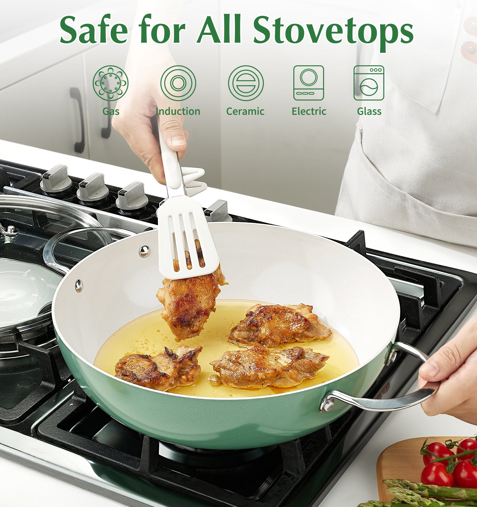 Koch Systeme CS 6QT Non-Stick Deep Frying Pan with Lid, Saute Pan with Aluminum Ceramic Coating, Dishwasher and Oven Safe, Green
