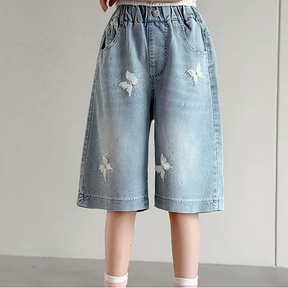 CAIVO Child Girls Casual Blue Denim Shorts Summer Lightweight Comfortable Mid Length Pants For Youth Play Cozy Bottoms