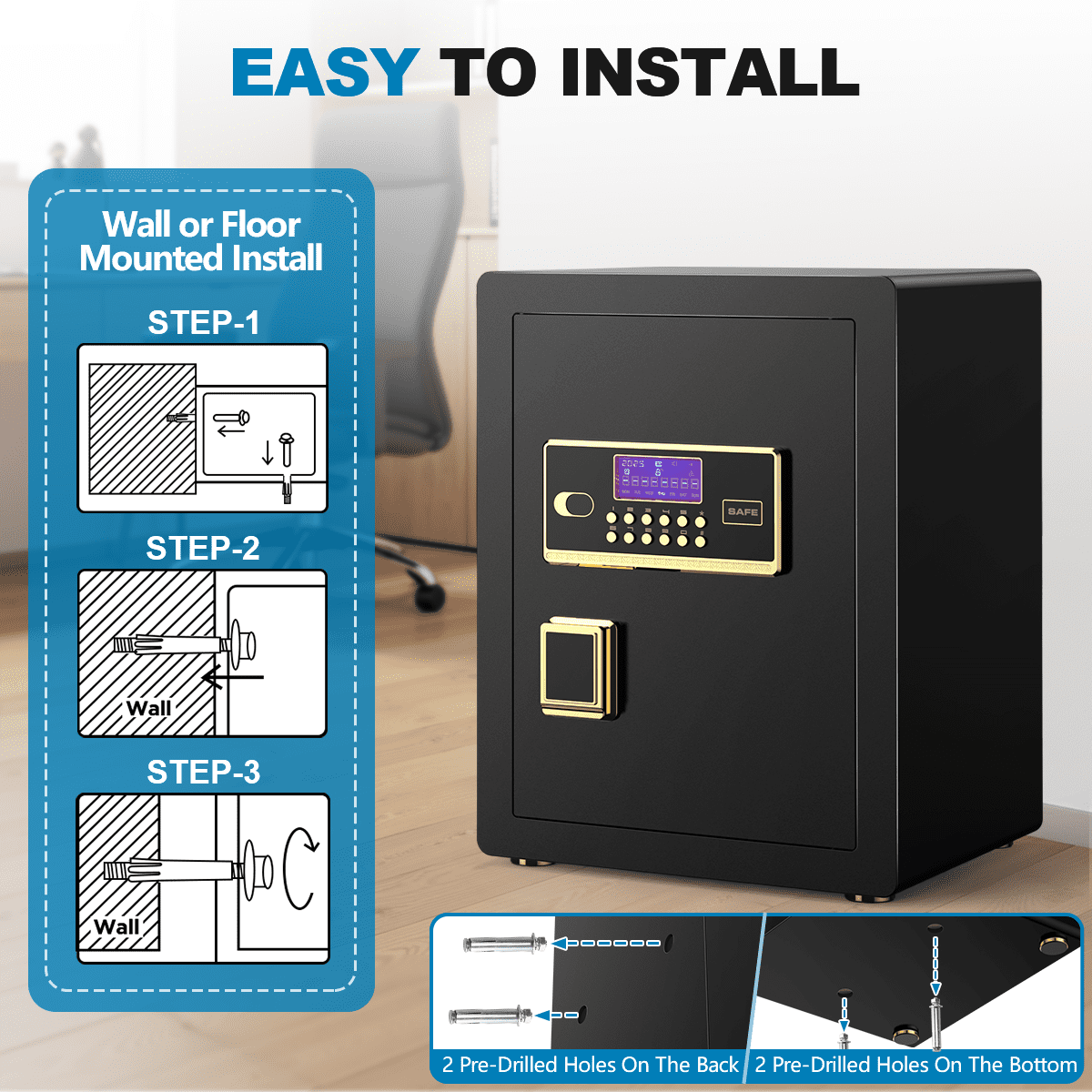 BESAFETY 3.5 Cuft Large Safe Box, Digital Keypad Home Security Safe With Fireproof Bag & Alarm System(Black)