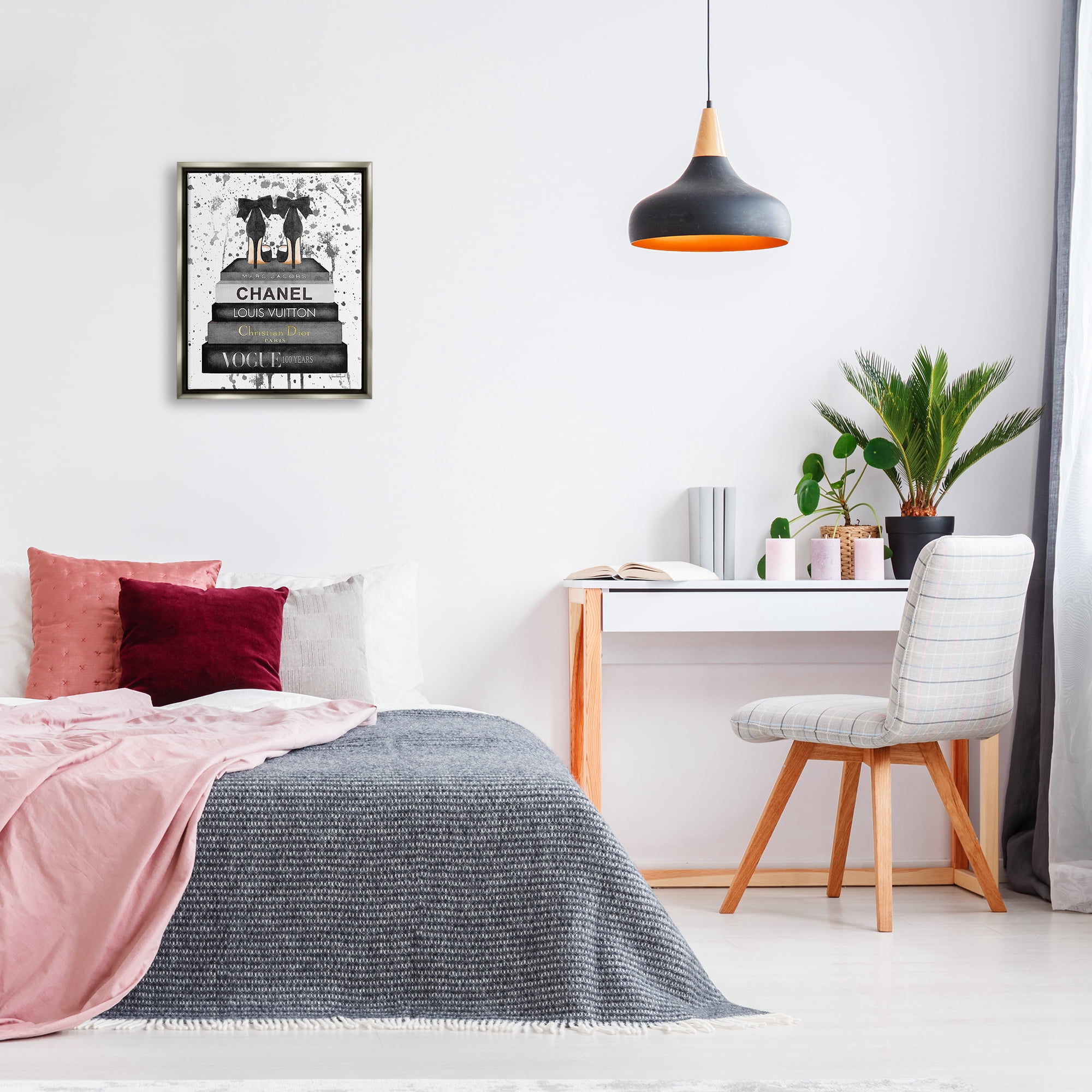 Stupell Industries Glam Fashion Book Stack Grey Bow Pump Heels Ink Luster Gray Framed Floating Canvas Wall Art, 16x20, by Amanda Greenwood