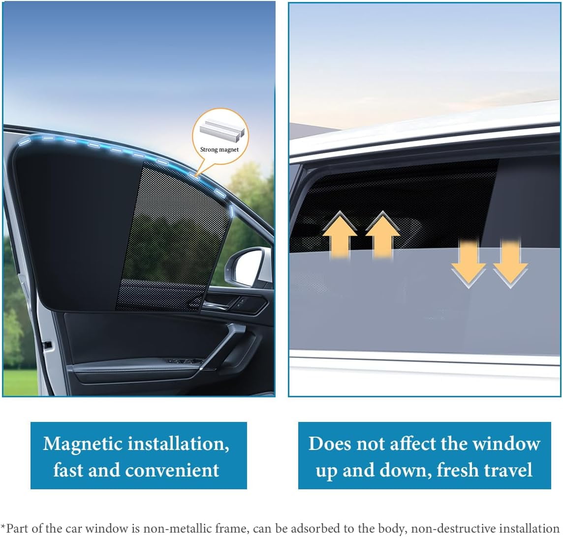 Car Window Covers, Magnetic Car Front Side Window Shade, 2 Pack Front Seat Side Window Covers with Half Shade, Front Window Covers for Driver, Double Layer Mesh Sun Block UV Protection Covers