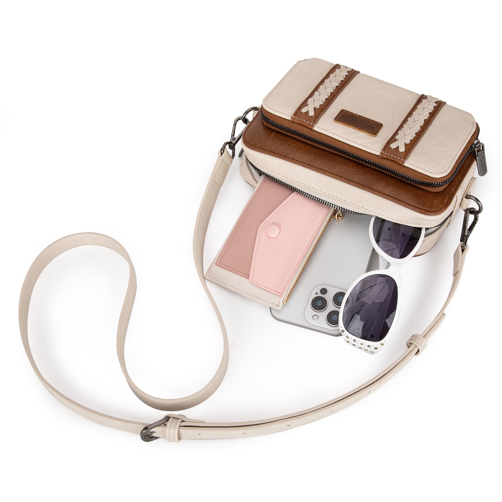 Wrangler Crossbody Bag for Women Vegan Leather Western Shoulder Purse Small Multi Pocket Crossbody Wallet Purse Crossover Bags with Adjustable Strap, Begie