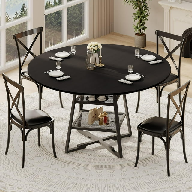 Round Dining Table Set for 4-6 – 47 Inch Wooden Kitchen Table with Metal Base & Storage Shelf, Stylish Dining Room Table for Family Meals