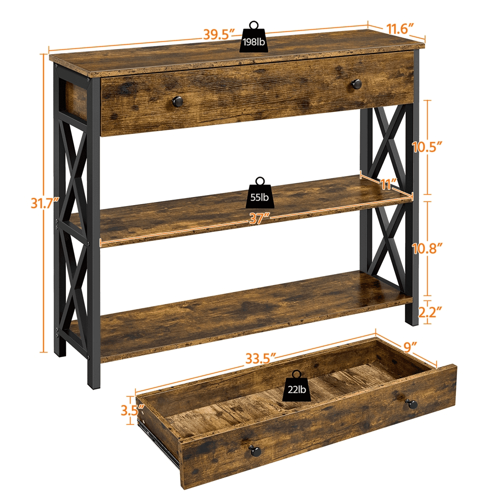 Renwick Wooden Console Table with 1 Drawer and 2 Open Shelves for Livingroom, Rustic Brown: