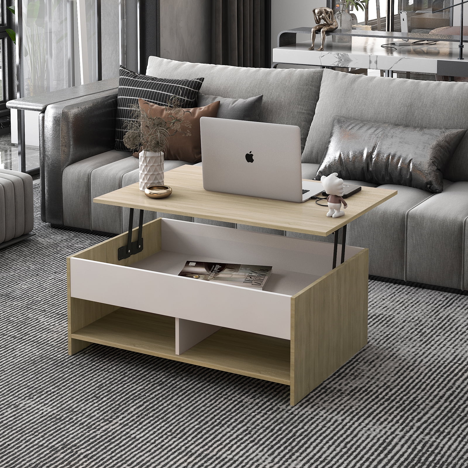 Resenkos Lift Top Coffee Table w/Hidden Storage Compartment & 2 Open Shelves for Living Room Office,Oak Color Resenkos Lift Top Coffee Table w/Hidden Storage Compartment & 2 Open Shelves for Living Room Office,Oak Color