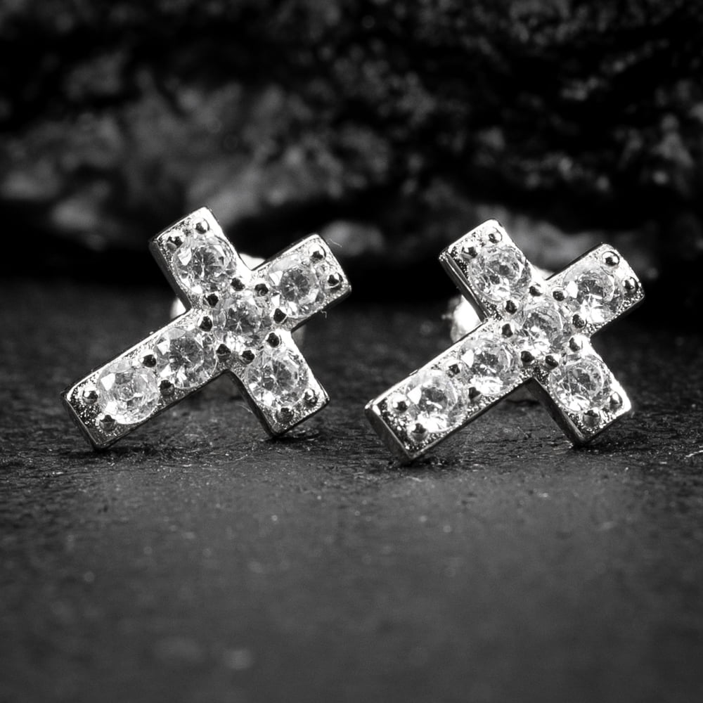 White Gold 925 Sterling Silver Small Mens Women's Prong Set Iced 5A Cz Hypoallergenic Ice Out Hip Hop Cubic Zirconia Cross Screw Back Stud Earrings